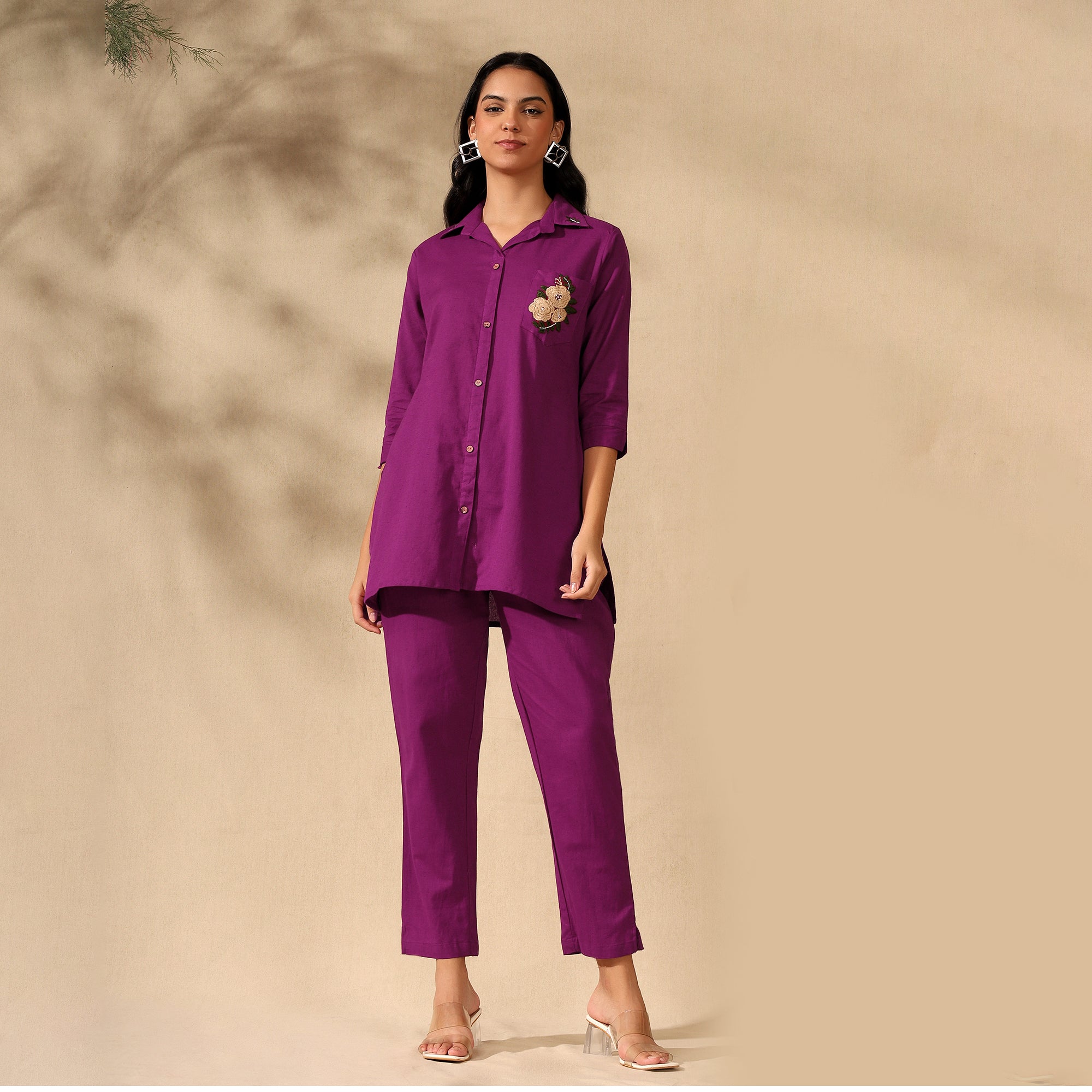 FLORAL EMBROIDERED COTTON CORD SET FOR WOMEN | SHIRT-PANT FUSION WEAR | MAGENTA