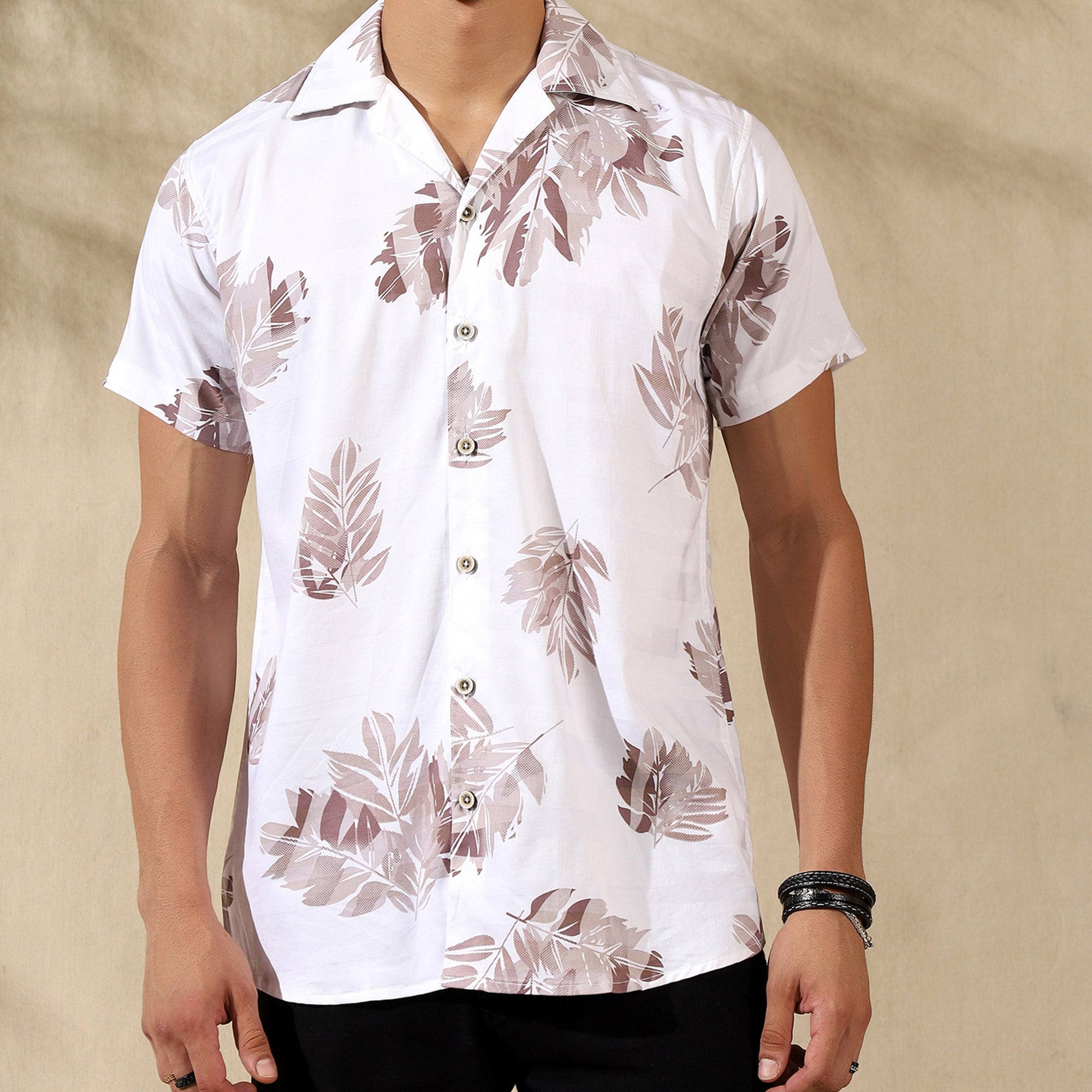 BROWN HALF CASUAL PRINTED COTTON SHIRT REGULAR FIT FOR MEN