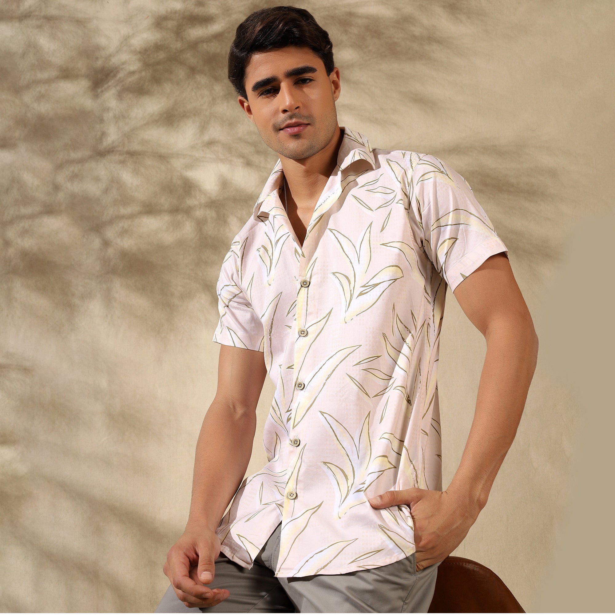 CREAM HALF CASUAL PRINTED COTTON SHIRT REGULAR FIT FOR MEN