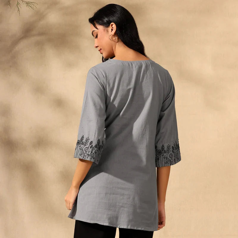 BOTANICAL EMBROIDERED COTTON KURTI FOR WOMEN | PERFECT FEMALE TUNIC FOR EVERYDAY WEAR | GREY Filo Hevis