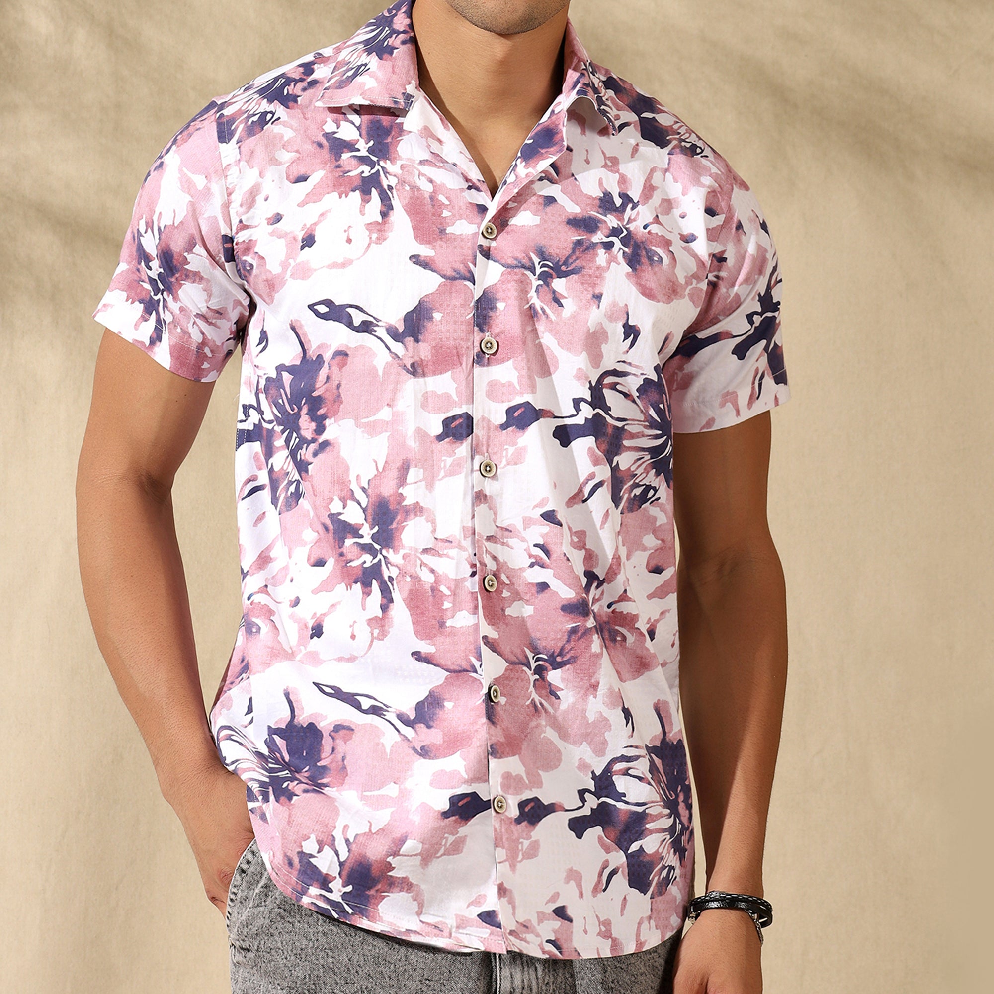PEACH HALF CASUAL PRINTED COTTON SHIRT REGULAR FIT FOR MEN