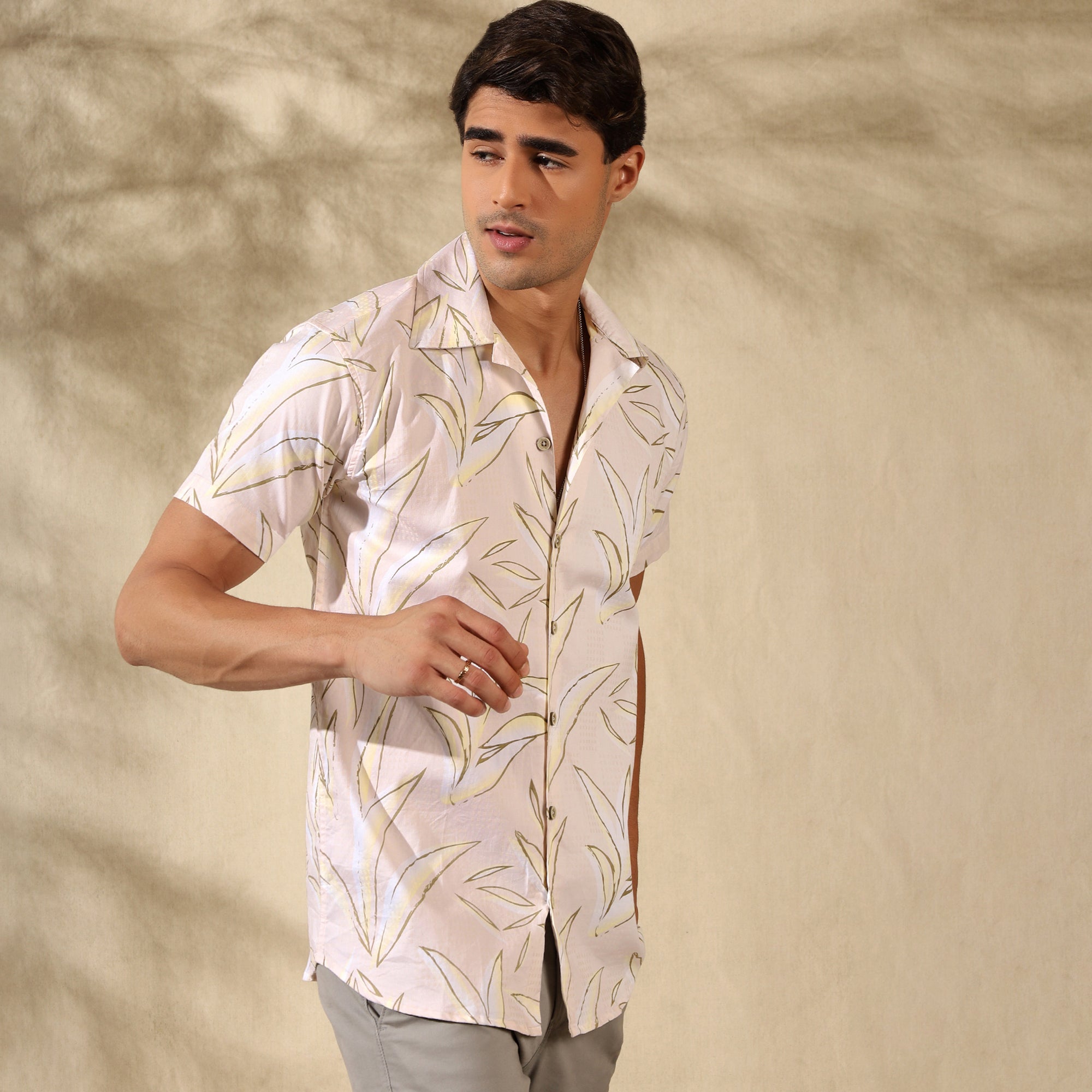 CREAM HALF CASUAL PRINTED COTTON SHIRT REGULAR FIT FOR MEN