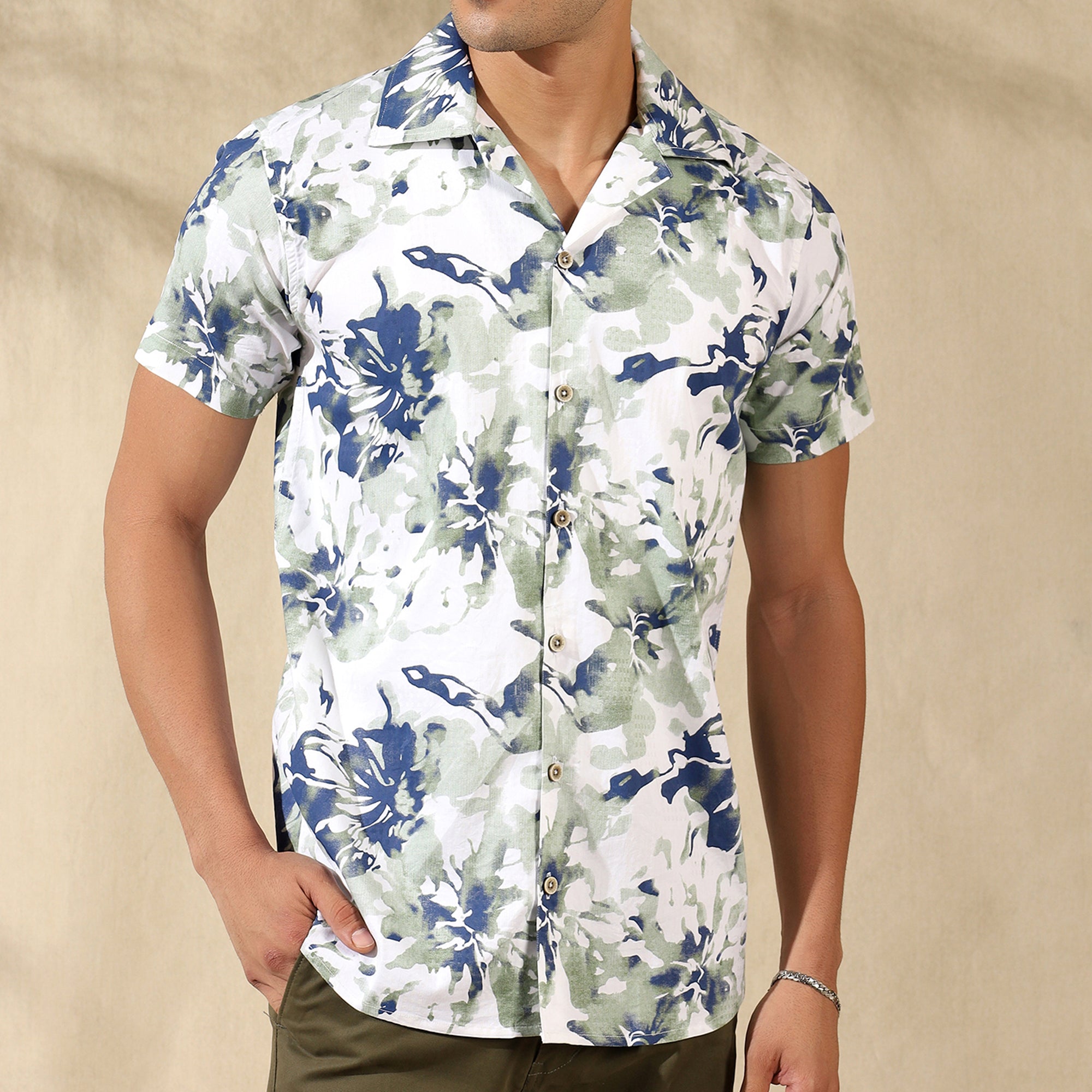 LIGHT GREEN HALF CASUAL PRINTED COTTON SHIRT REGULAR FIT FOR MEN