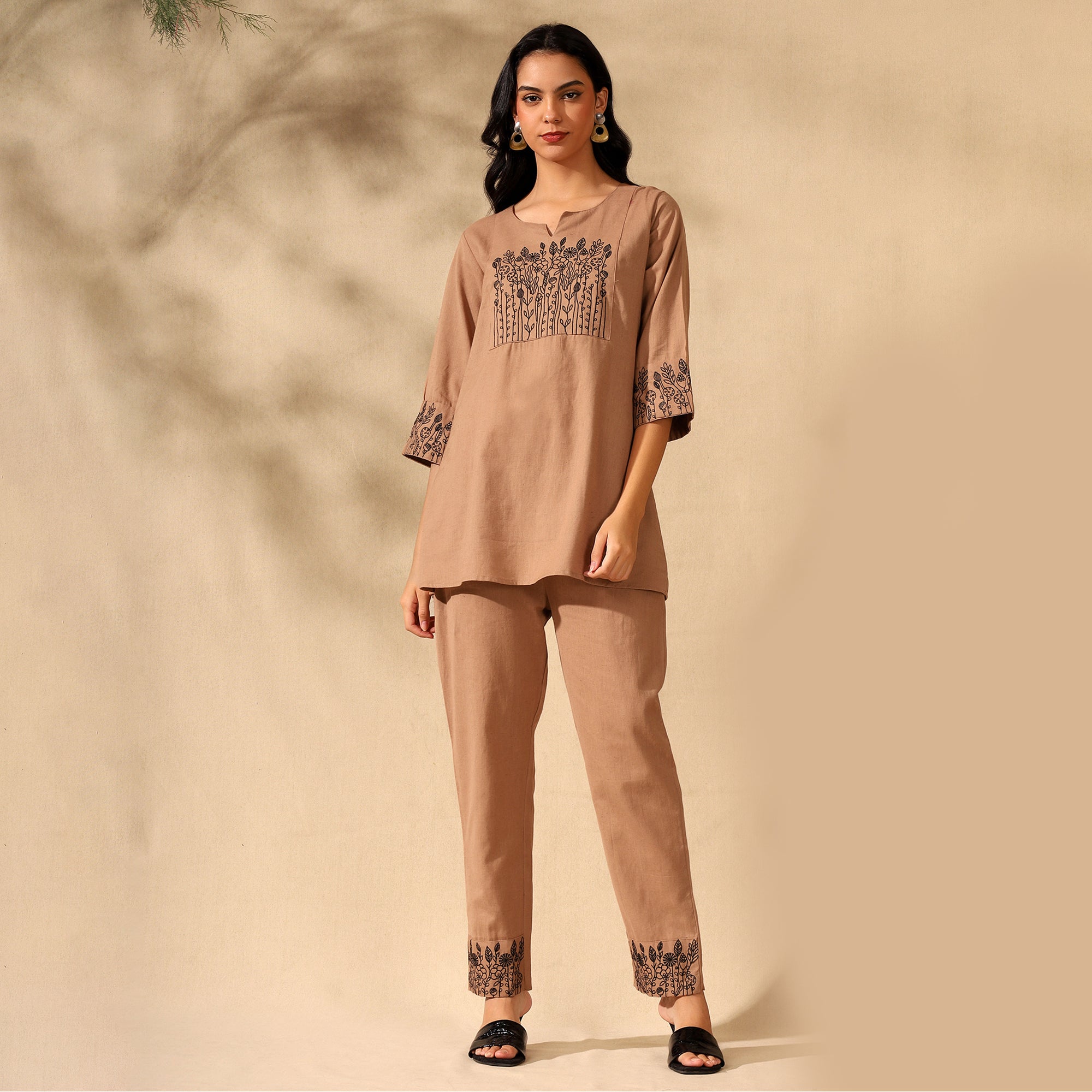 BOTANICAL EMBROIDERED COTTON CORD SET FOR WOMEN | KURTI AND PANTS COORDINATED SET | BEIGE