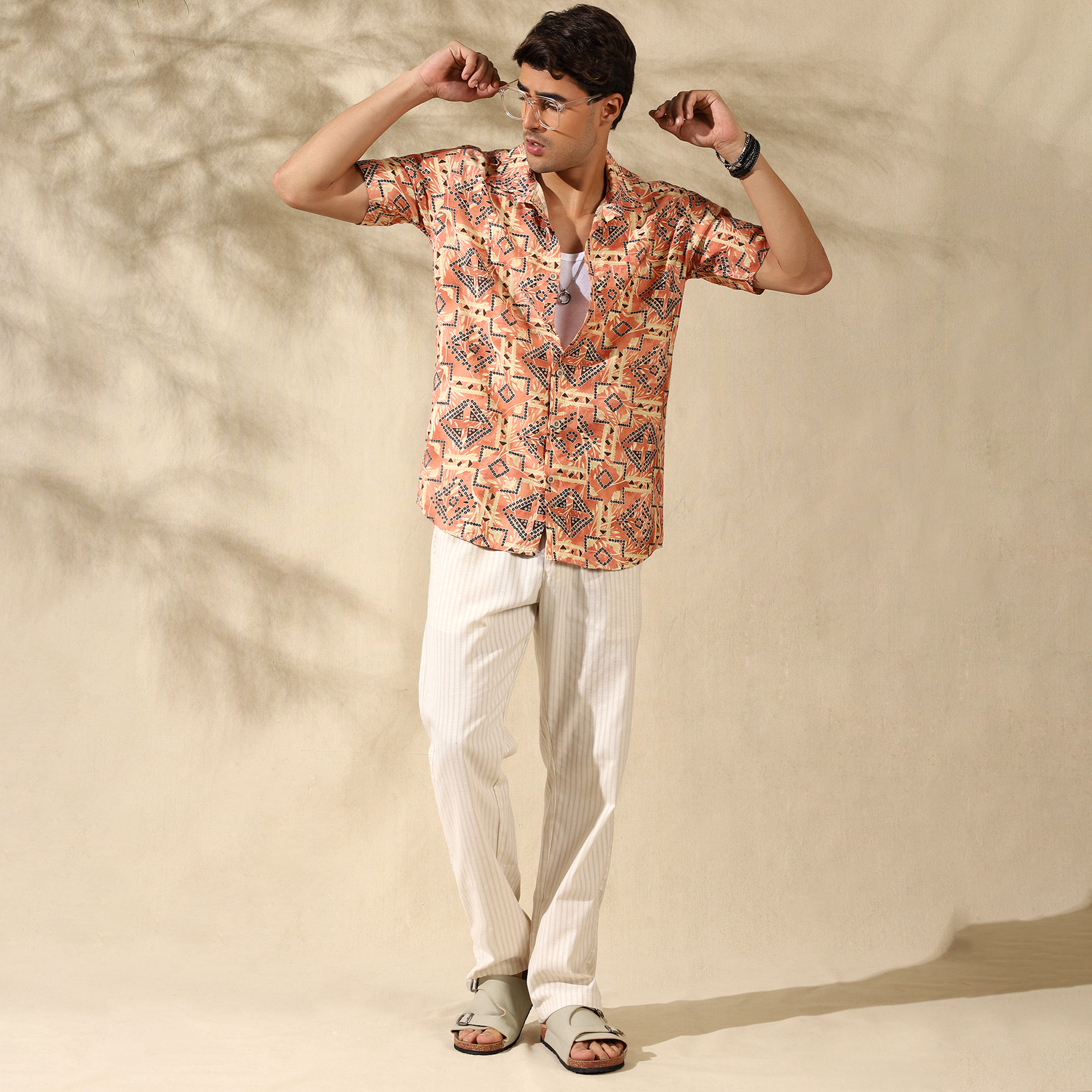 PEACH HALF CASUAL PRINTED COTTON SHIRT REGULAR FIT FOR MEN
