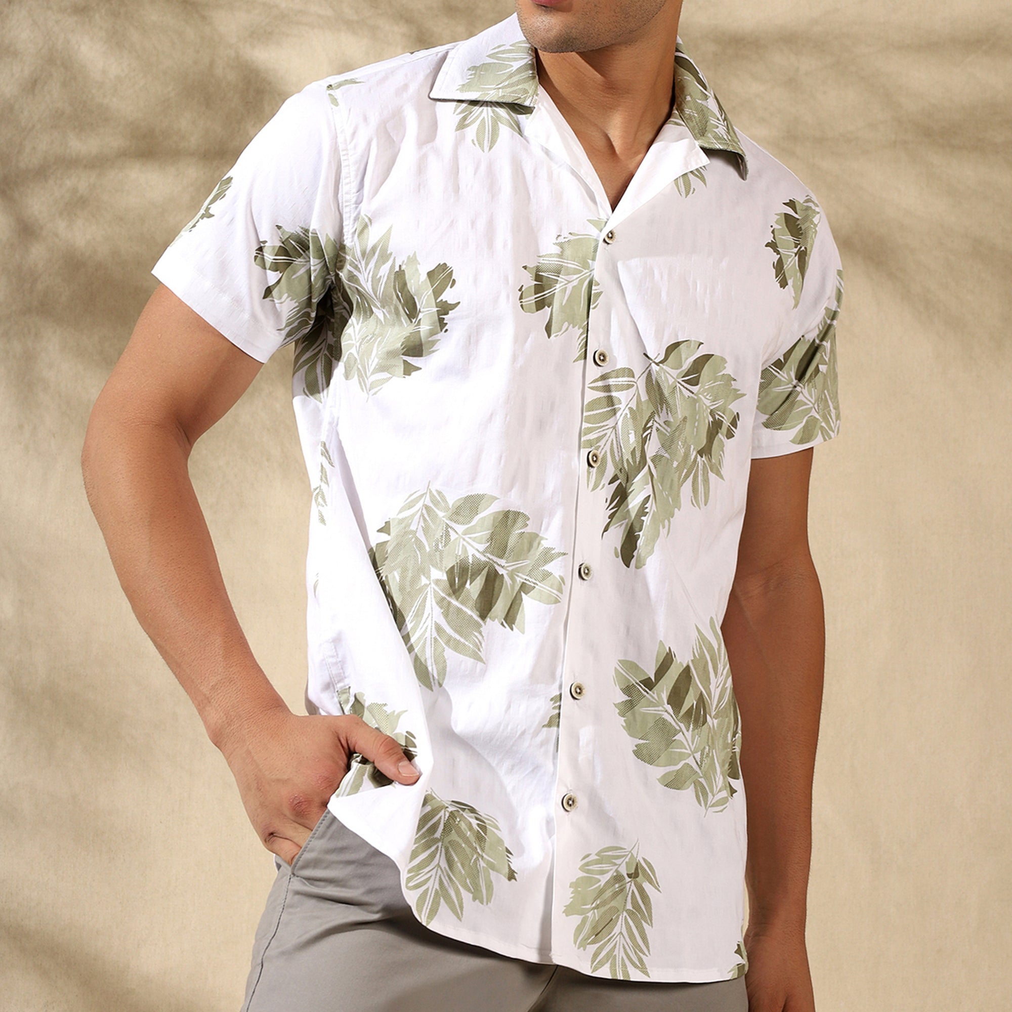GREEN HALF CASUAL PRINTED COTTON SHIRT REGULAR FIT FOR MEN