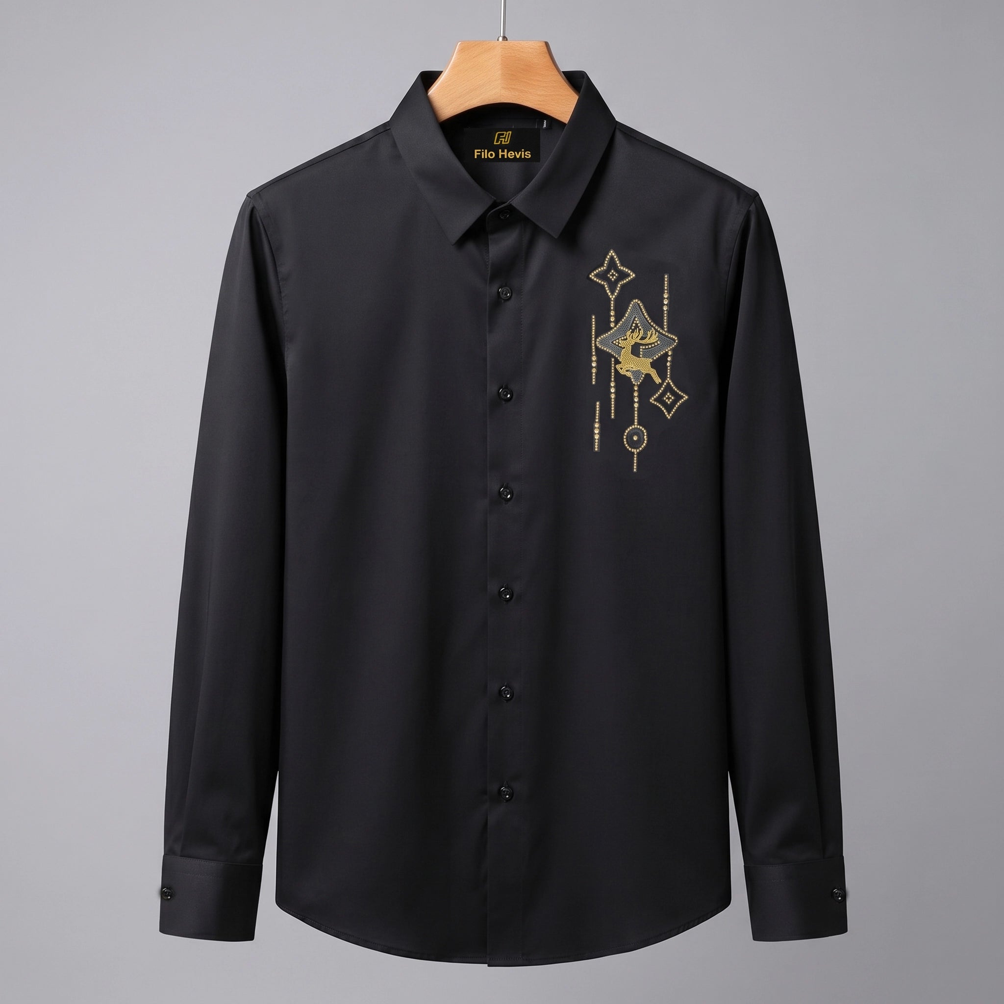 Deer Embroidery Party Shirts | Club Wear | Black