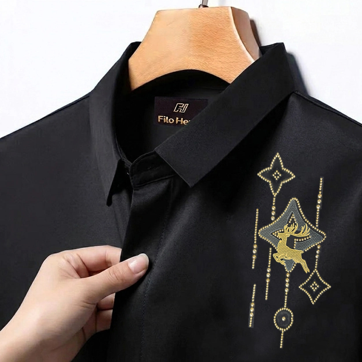 Deer Embroidery Party Shirts | Club Wear | Black