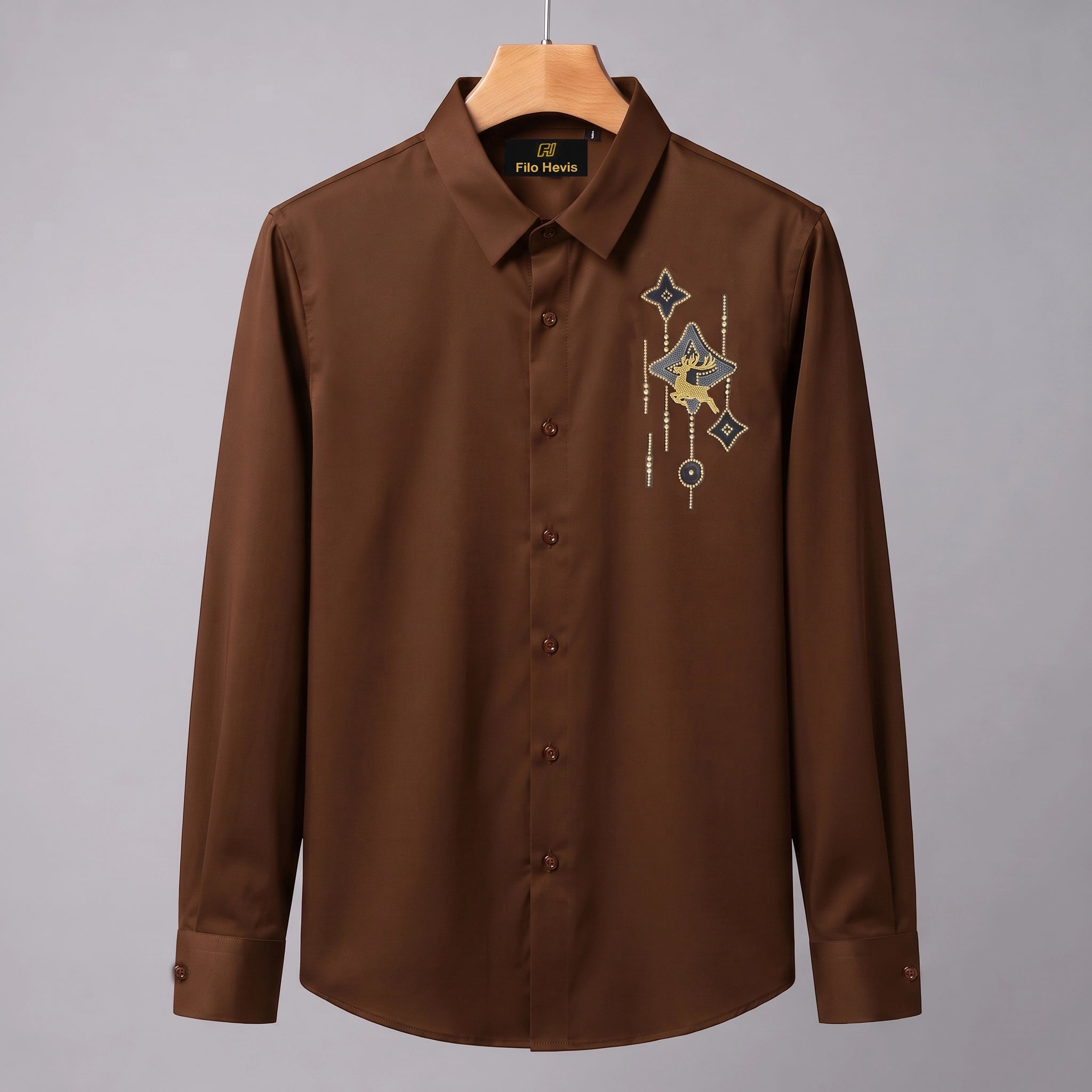 Deer Embroidery Party Shirts | Club Wear | Brown