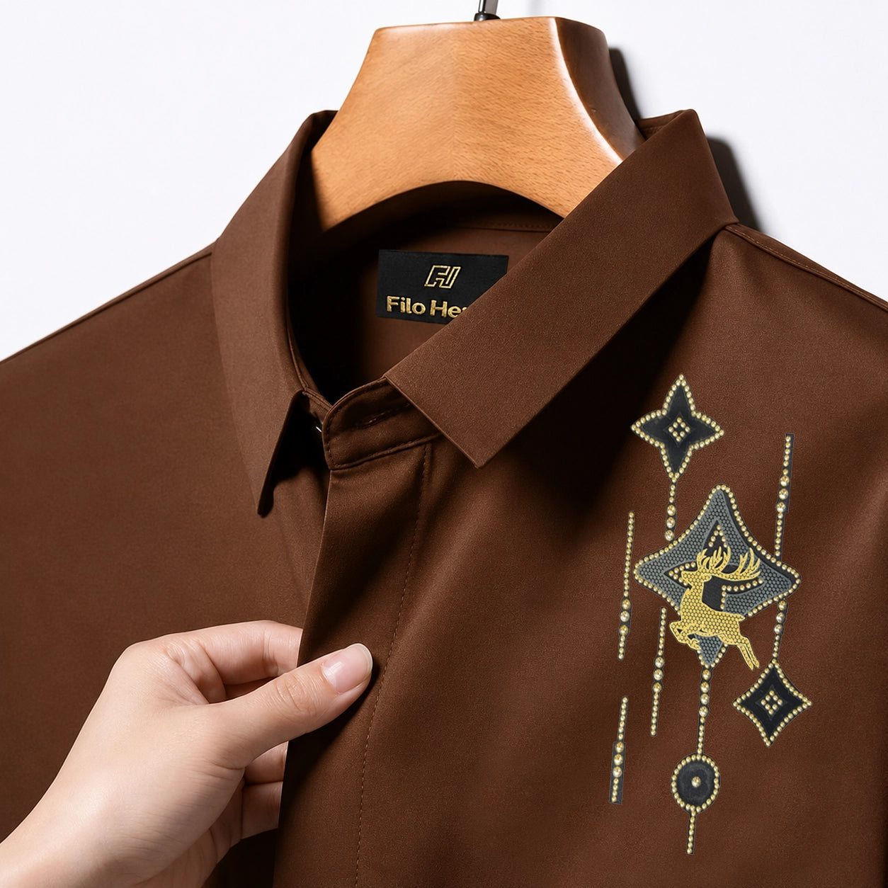 Deer Embroidery Party Shirts | Club Wear | Brown