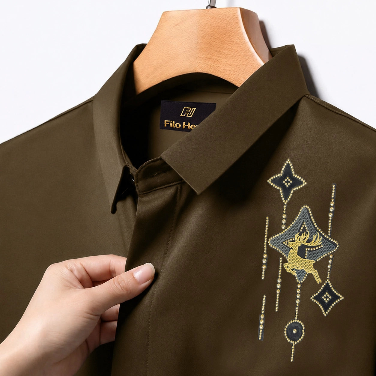 Deer Embroidery Party Shirts | Club Wear | Light-Brown