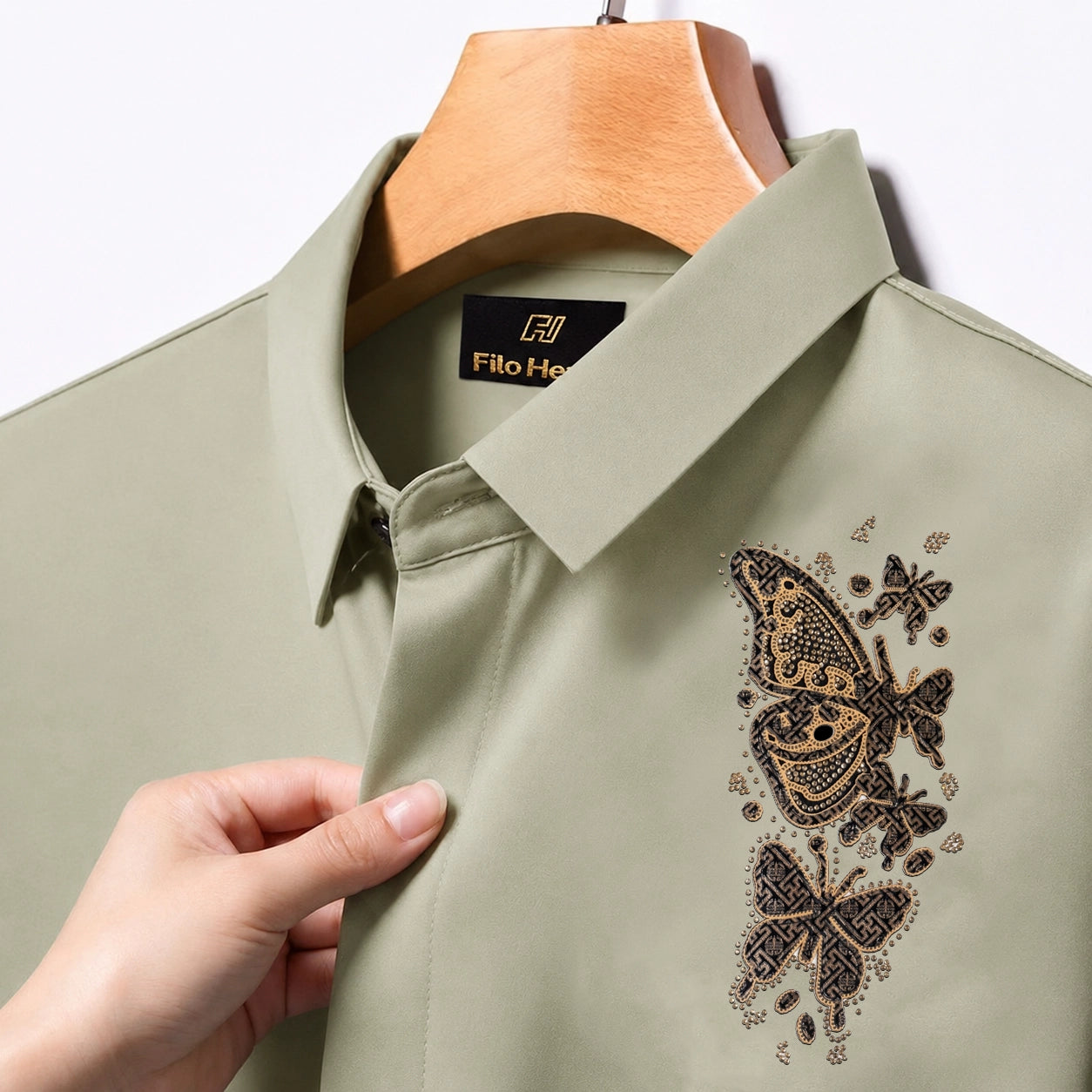 Butterfly Embroidery Party Shirts | Club Wear | Light-Greyish-Green