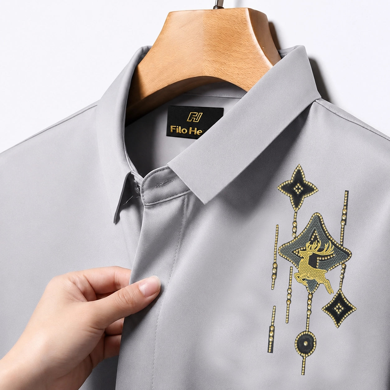 Deer Embroidery Party Shirts | Club Wear | Light Grey