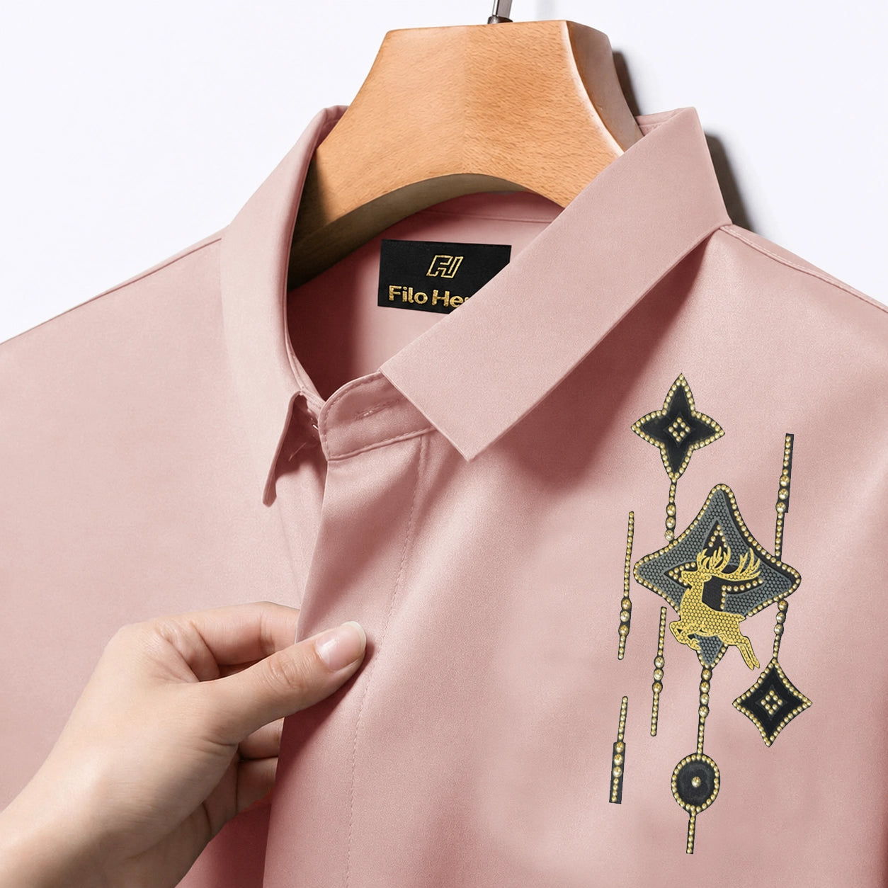Deer Embroidery Party Shirts | Club Wear | Peach
