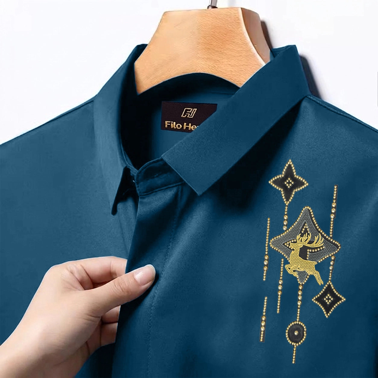 Deer Embroidery Party Shirts | Club Wear | Teal blue