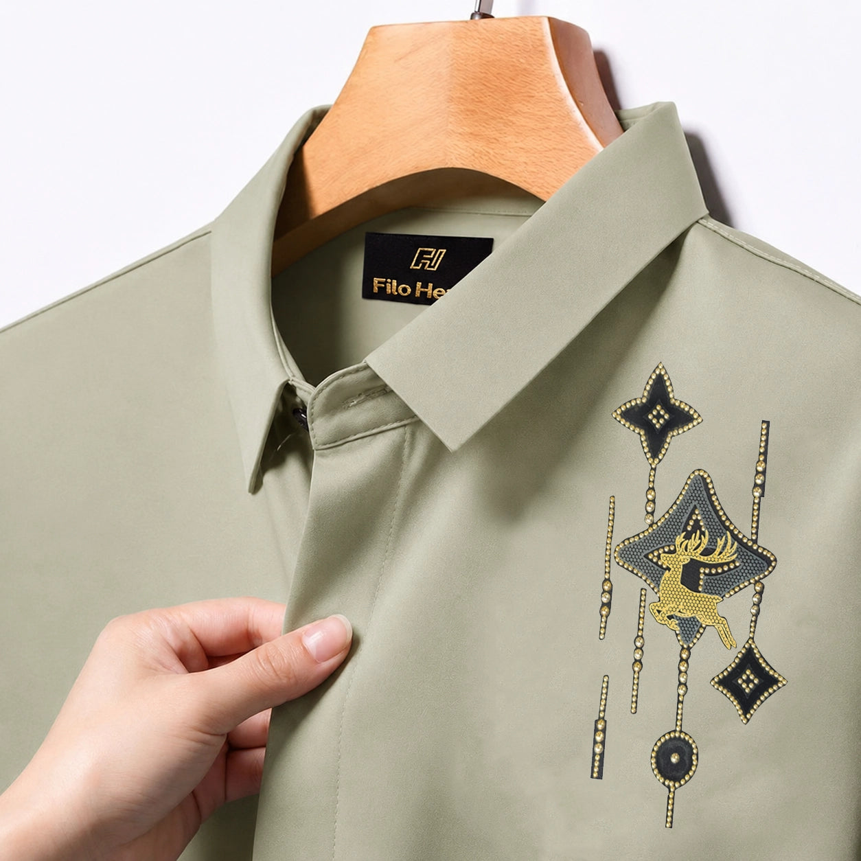Deer Embroidery Party Shirts | Club Wear | Light-Greyish-Green