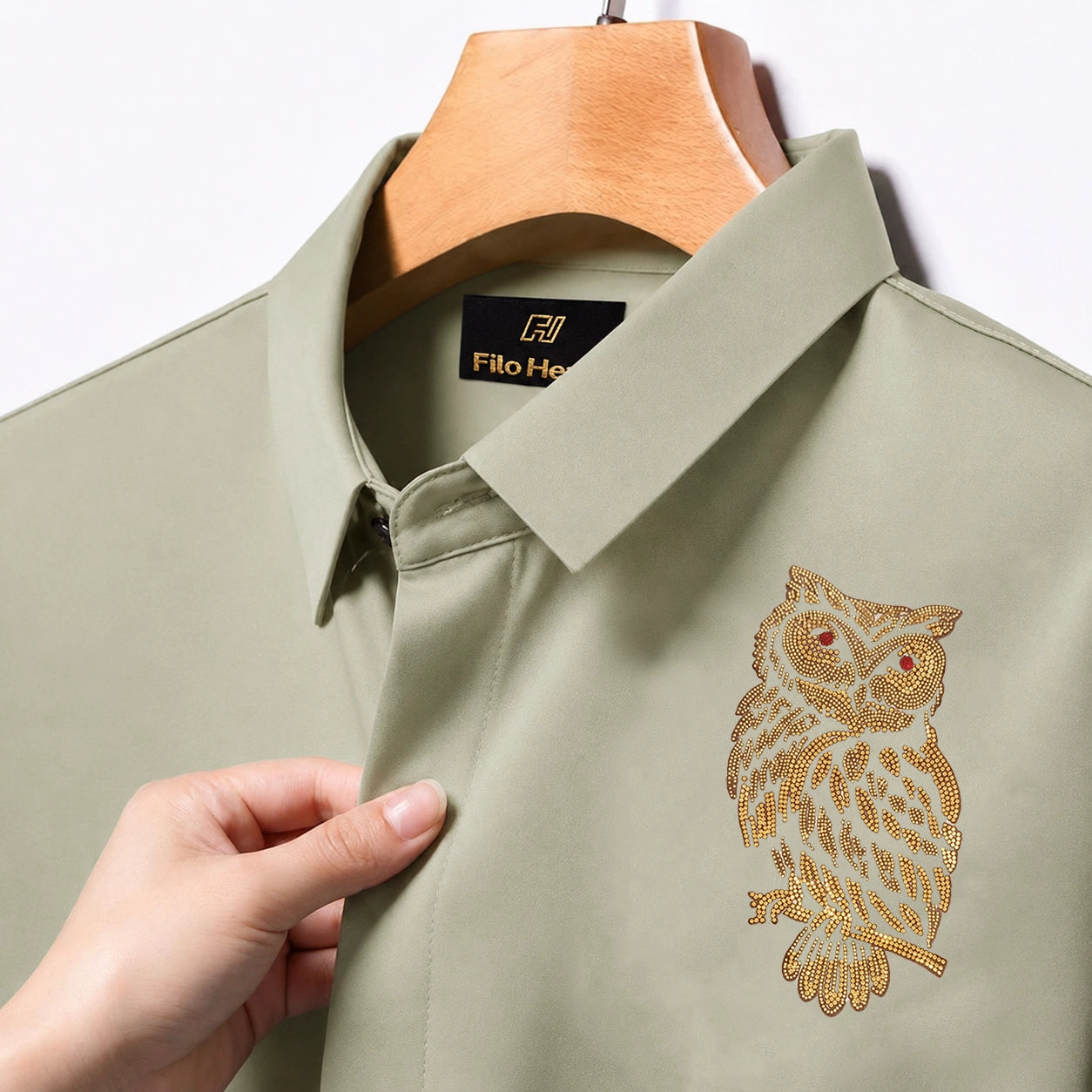 Owl Embroidery Party Shirts | Club Wear | Light-Greyish-Green