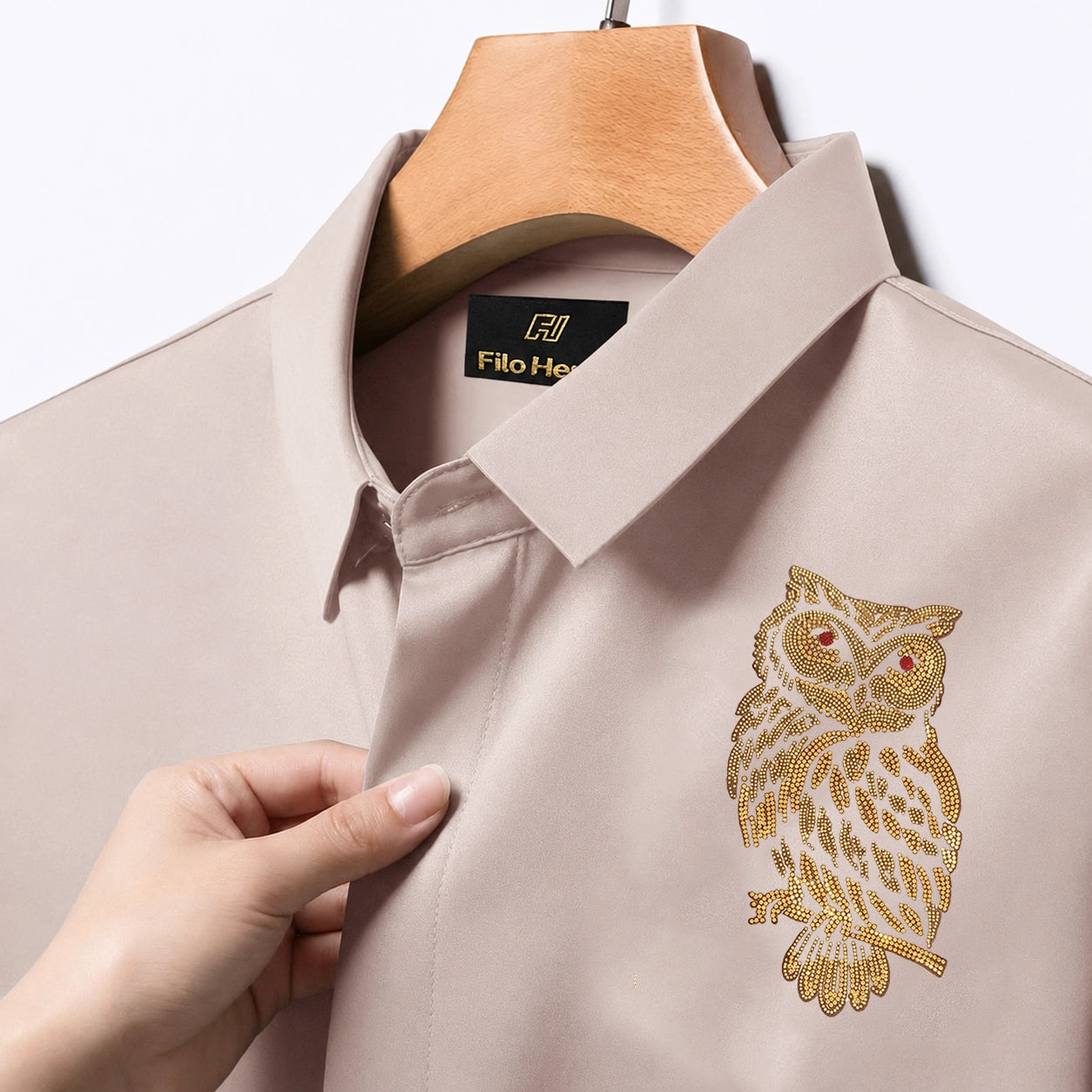 Owl Embroidery Party Shirts | Club Wear | Olive