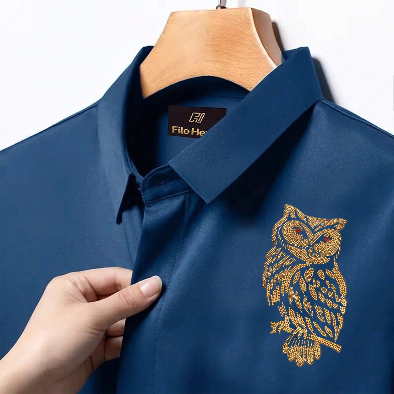 Owl Embroidery Party Shirts | Club Wear | Teal Blue