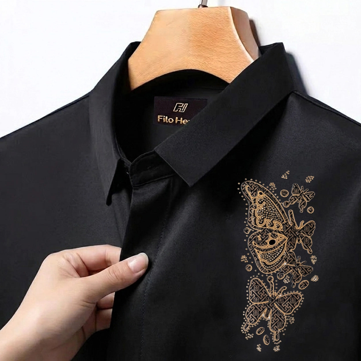 Butterfly Embroidery Party Shirts | Club Wear | Black