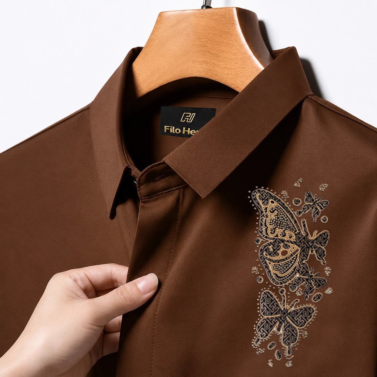 Butterfly Embroidery Party Shirts | Club Wear | Brown