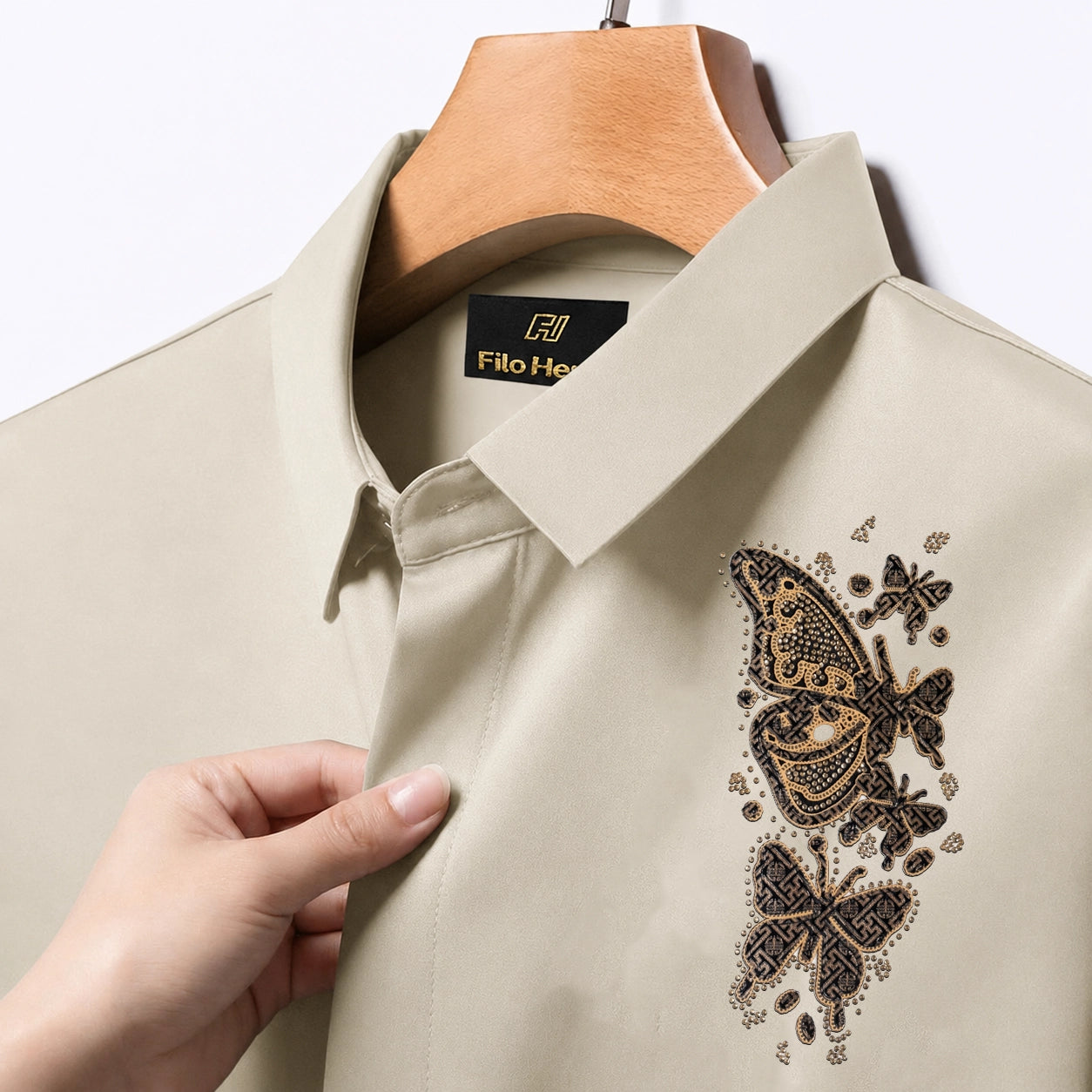 Butterfly Embroidery Party Shirts | Club Wear | Cream
