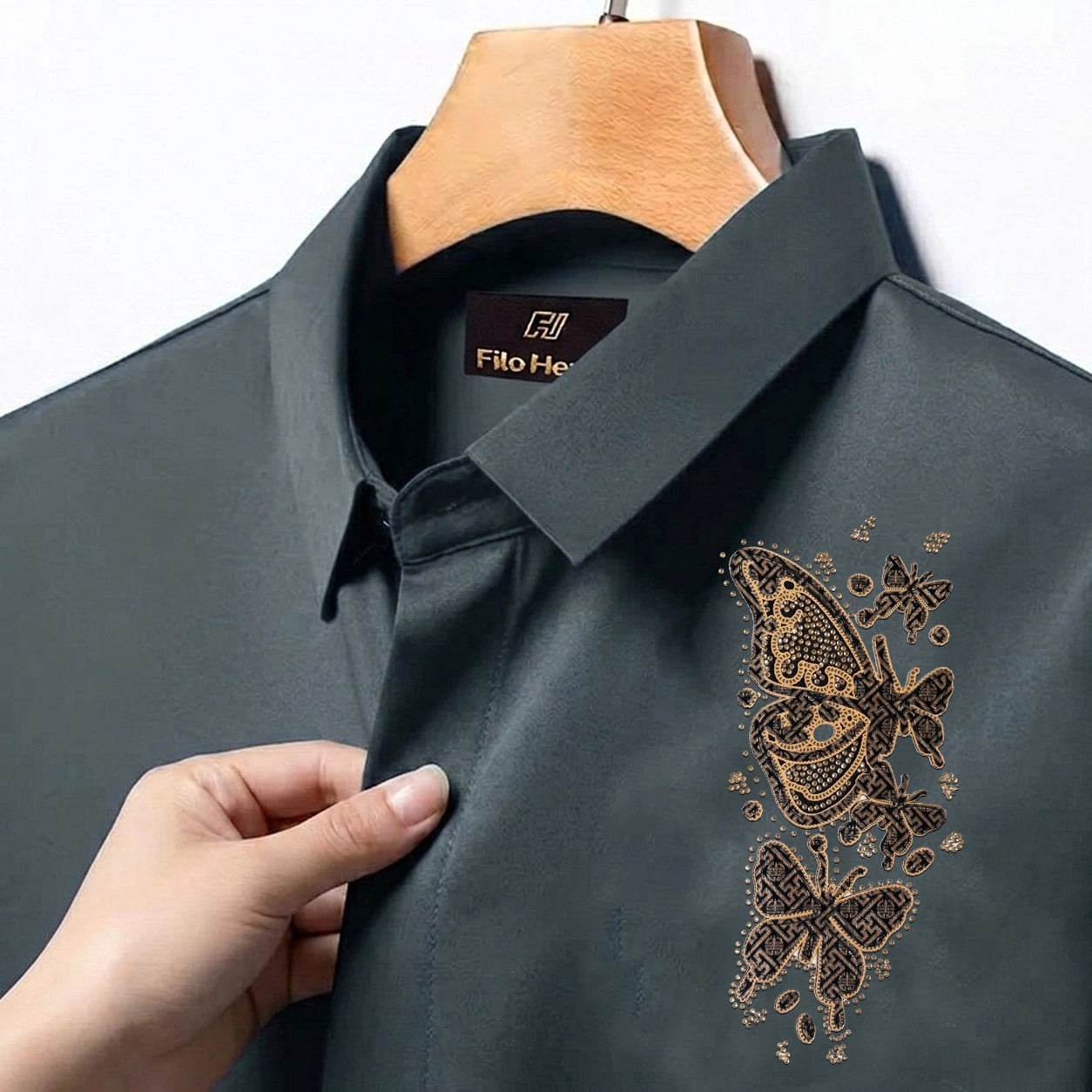 Butterfly Embroidery Party Shirts | Club Wear | Dark Grey