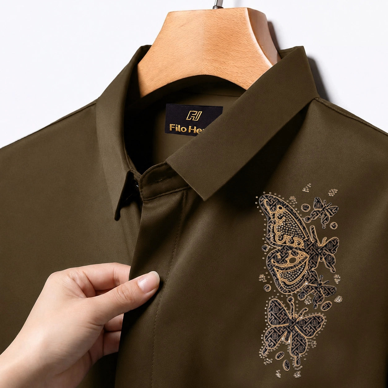 Butterfly Embroidery Party Shirts | Club Wear | Light Brown