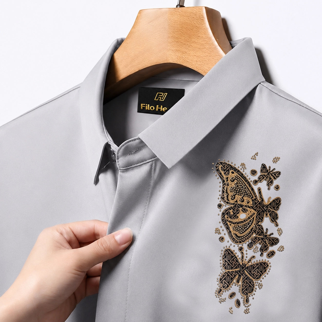 Butterfly Embroidery Party Shirts | Club Wear | Light Grey