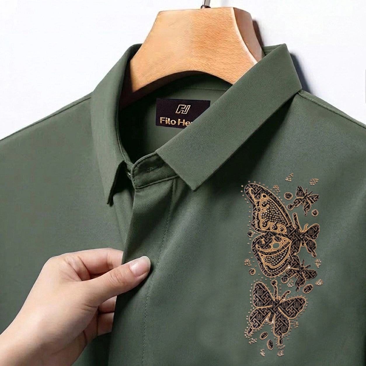 Butterfly Embroidery Party Shirts | Club Wear | Olive Green