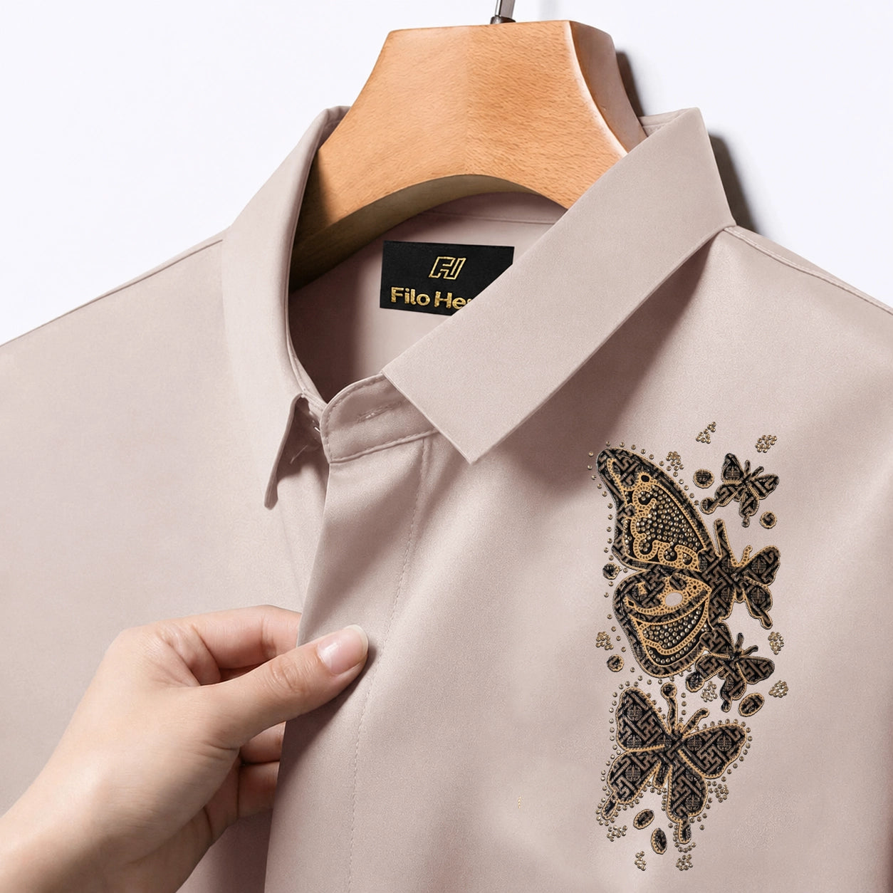 Butterfly Embroidery Party Shirts | Club Wear | Olive