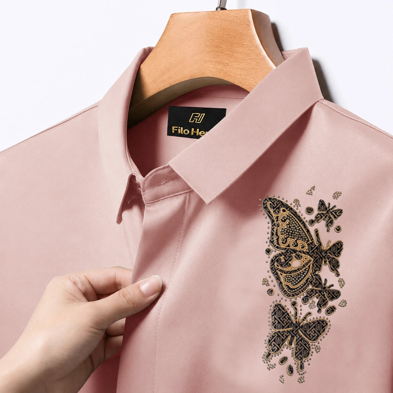 Butterfly Embroidery Party Shirts | Club Wear | Peach