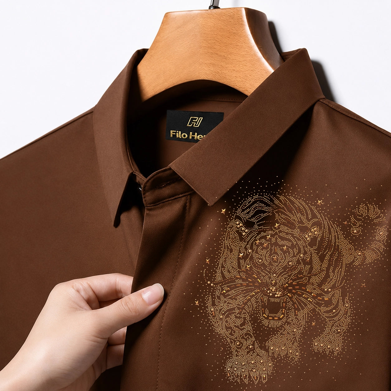 Tiger Embroidery Party Shirts | Club Wear | Brown