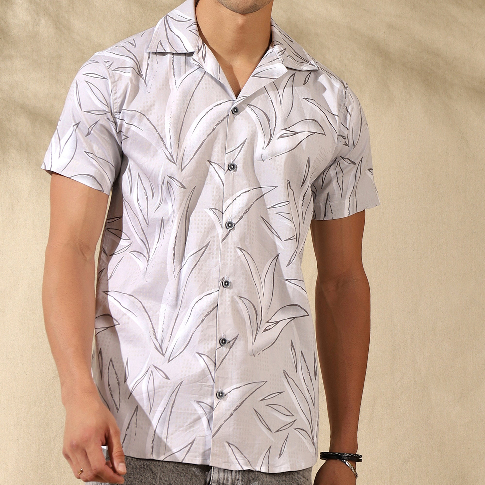 LIGHT GREY HALF CASUAL PRINTED COTTON SHIRT REGULAR FIT FOR MEN