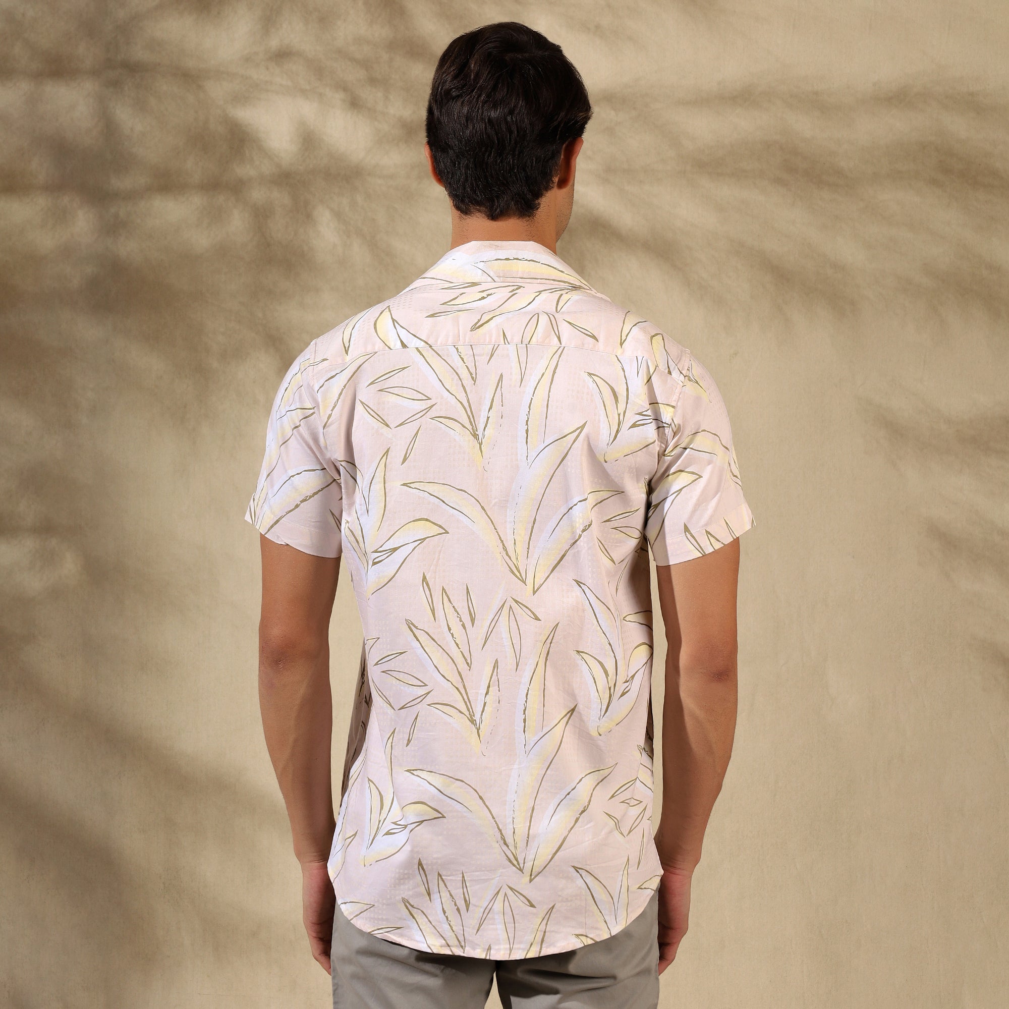CREAM HALF CASUAL PRINTED COTTON SHIRT REGULAR FIT FOR MEN
