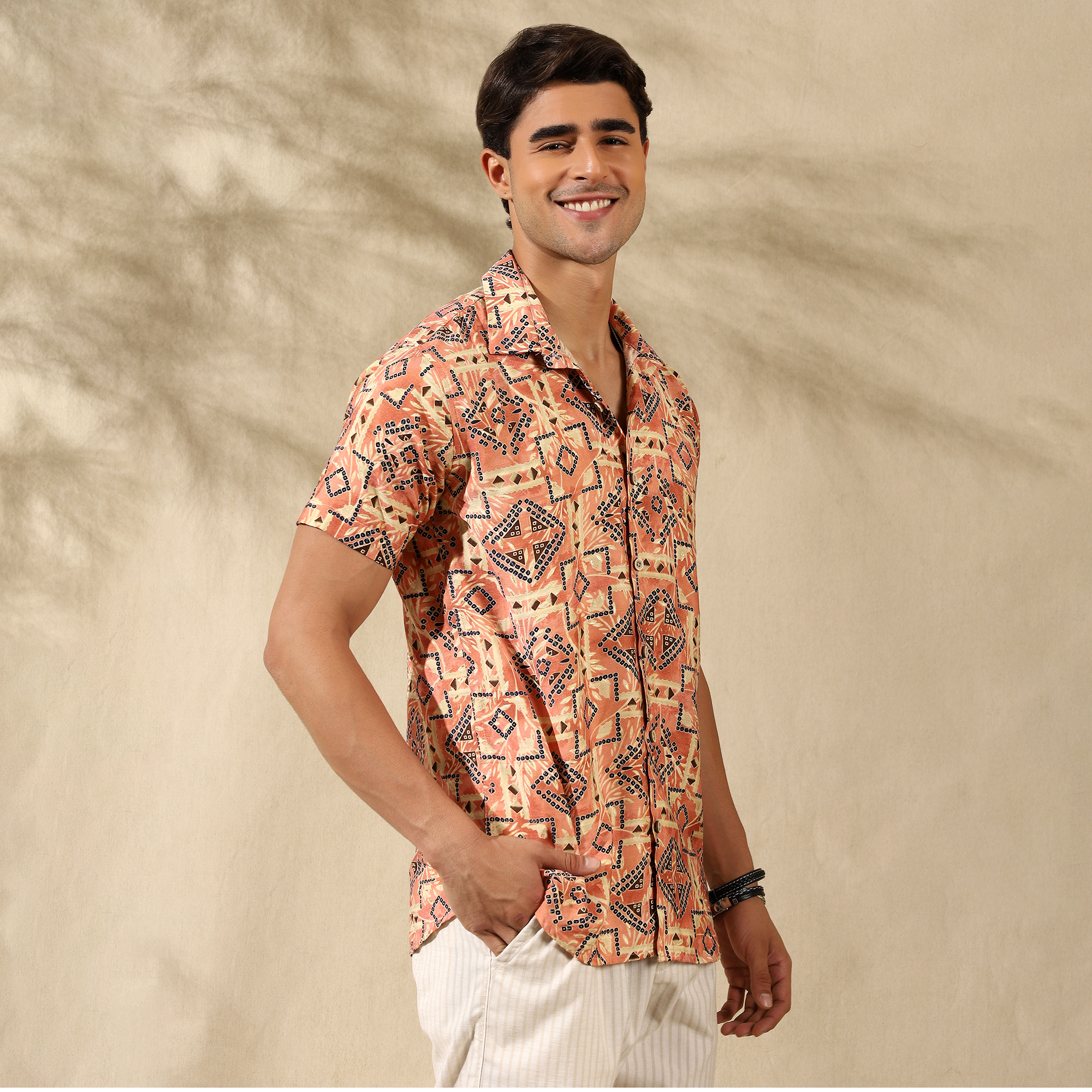 PEACH HALF CASUAL PRINTED COTTON SHIRT REGULAR FIT FOR MEN