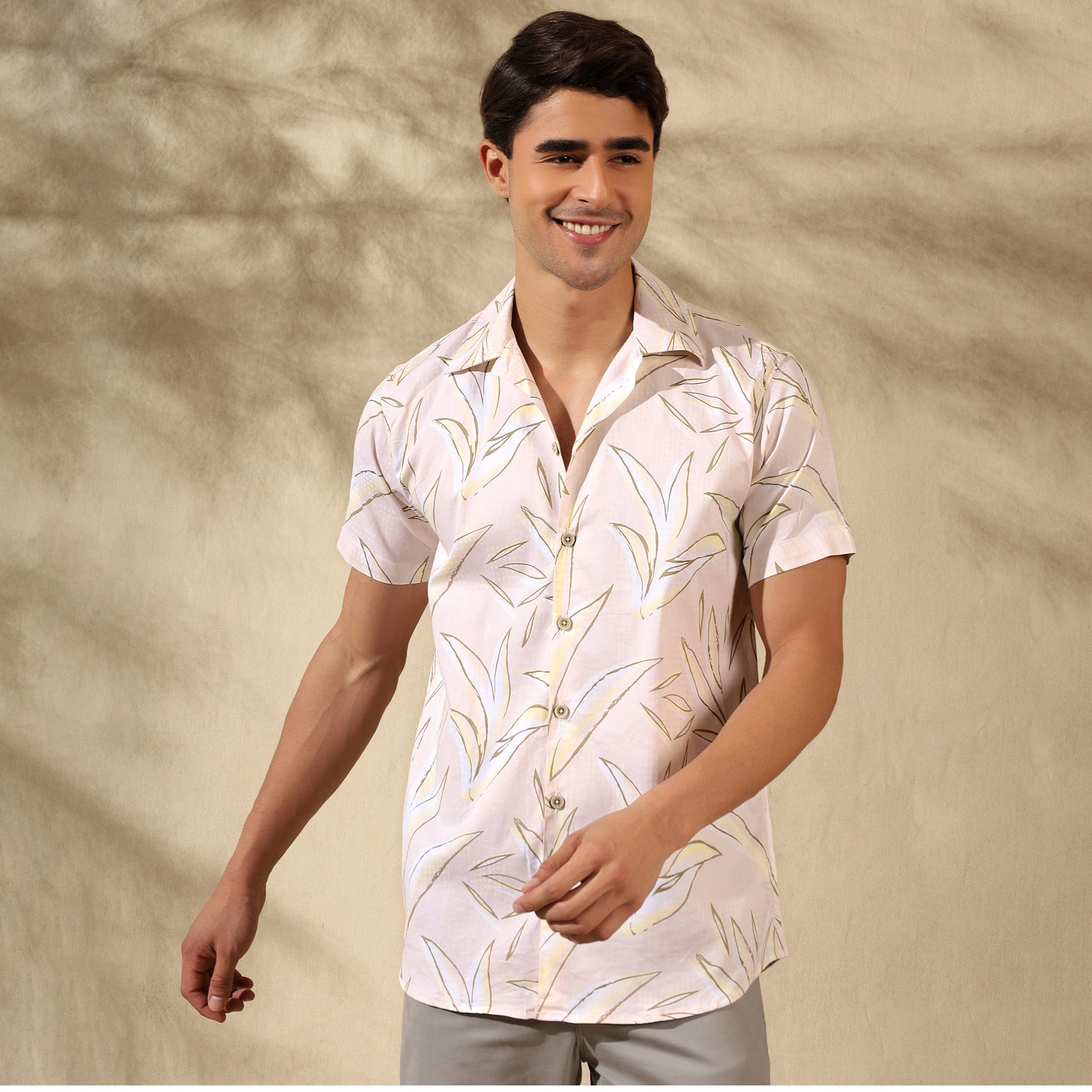 CREAM HALF CASUAL PRINTED COTTON SHIRT REGULAR FIT FOR MEN