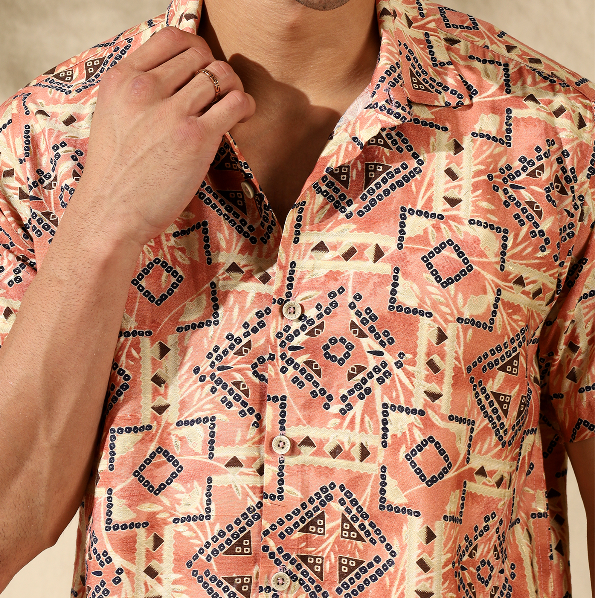 PEACH HALF CASUAL PRINTED COTTON SHIRT REGULAR FIT FOR MEN