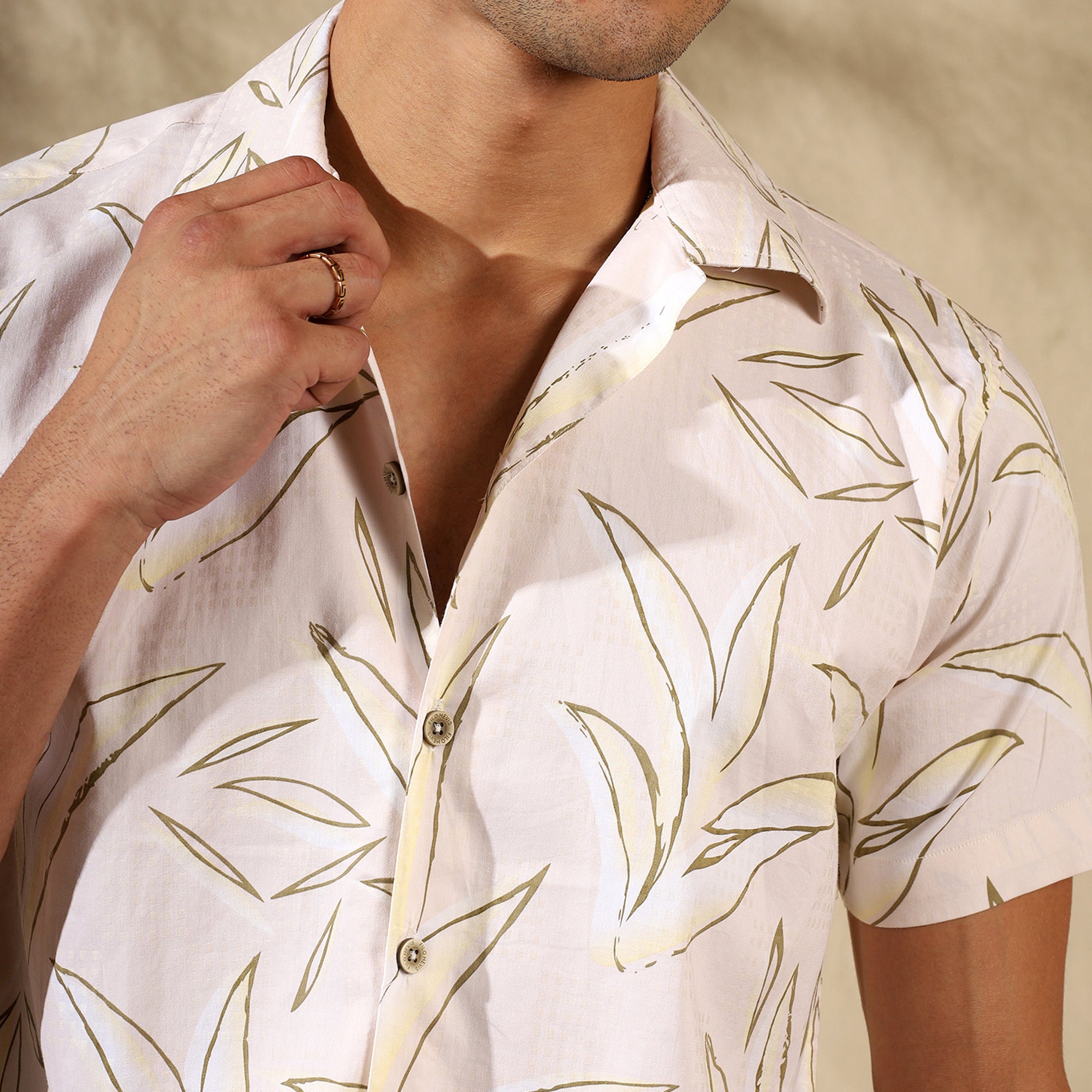 CREAM HALF CASUAL PRINTED COTTON SHIRT REGULAR FIT FOR MEN
