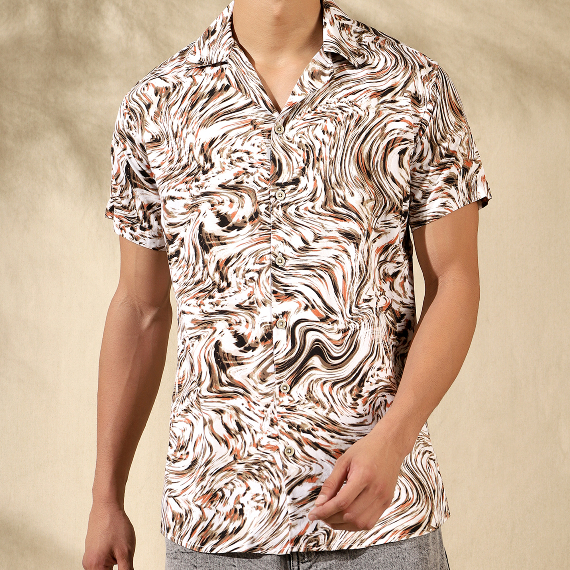 BROWN HALF CASUAL PRINTED COTTON SHIRT REGULAR FIT FOR MEN