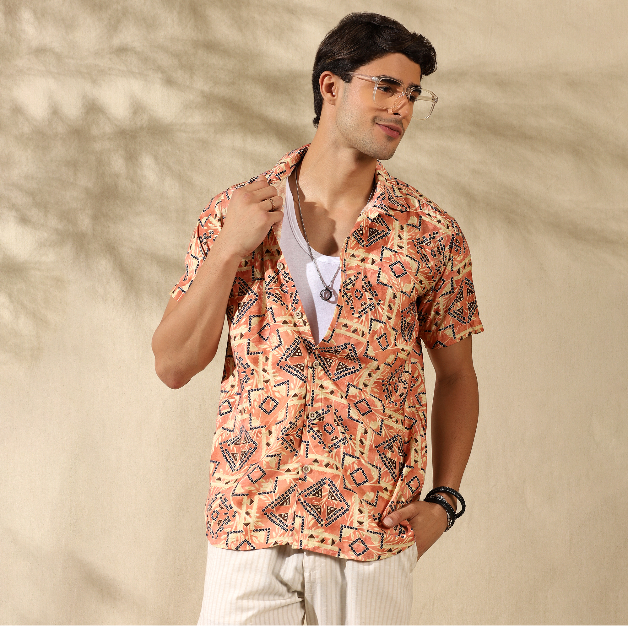 PEACH HALF CASUAL PRINTED COTTON SHIRT REGULAR FIT FOR MEN