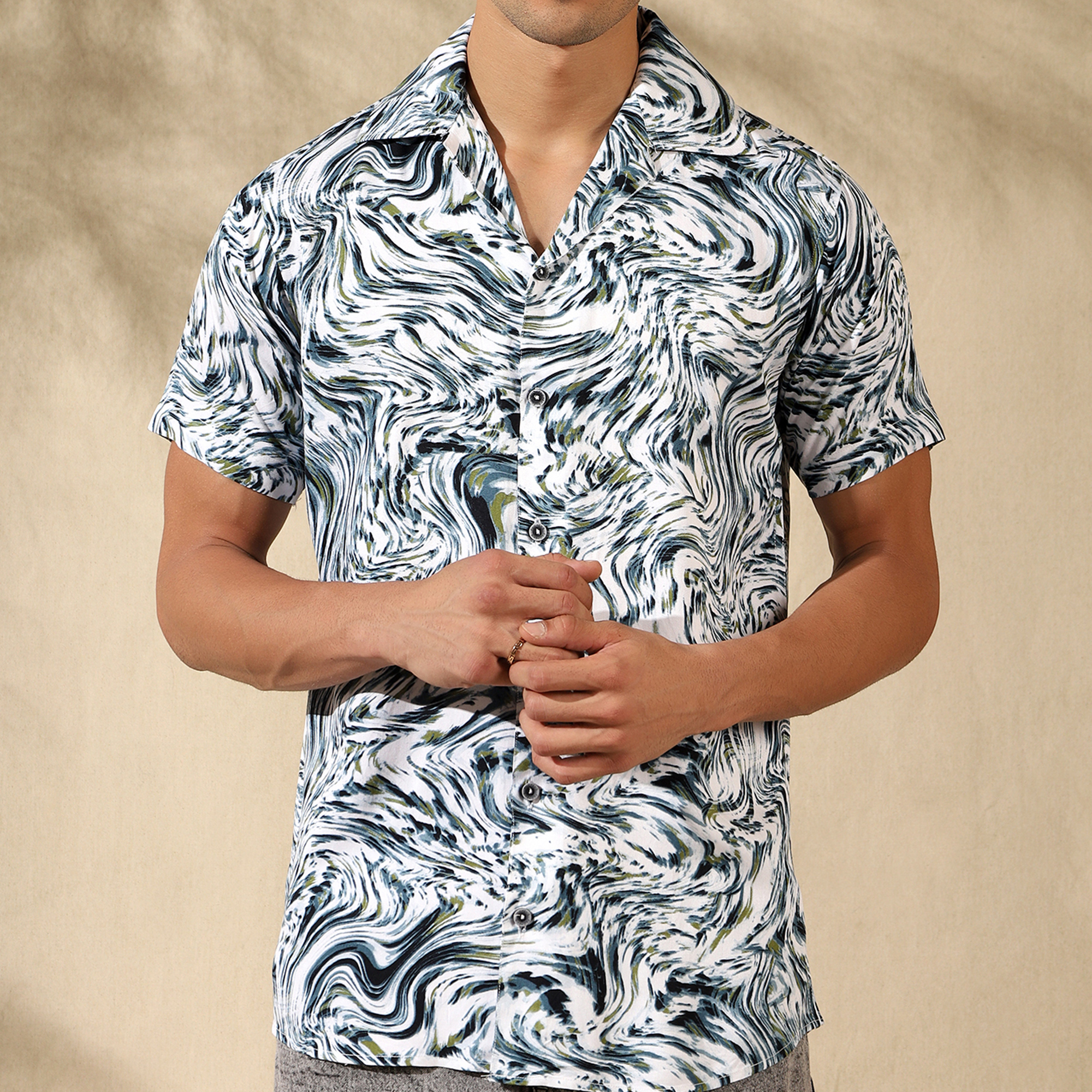 GREEN HALF CASUAL PRINTED COTTON SHIRT REGULAR FIT FOR MEN