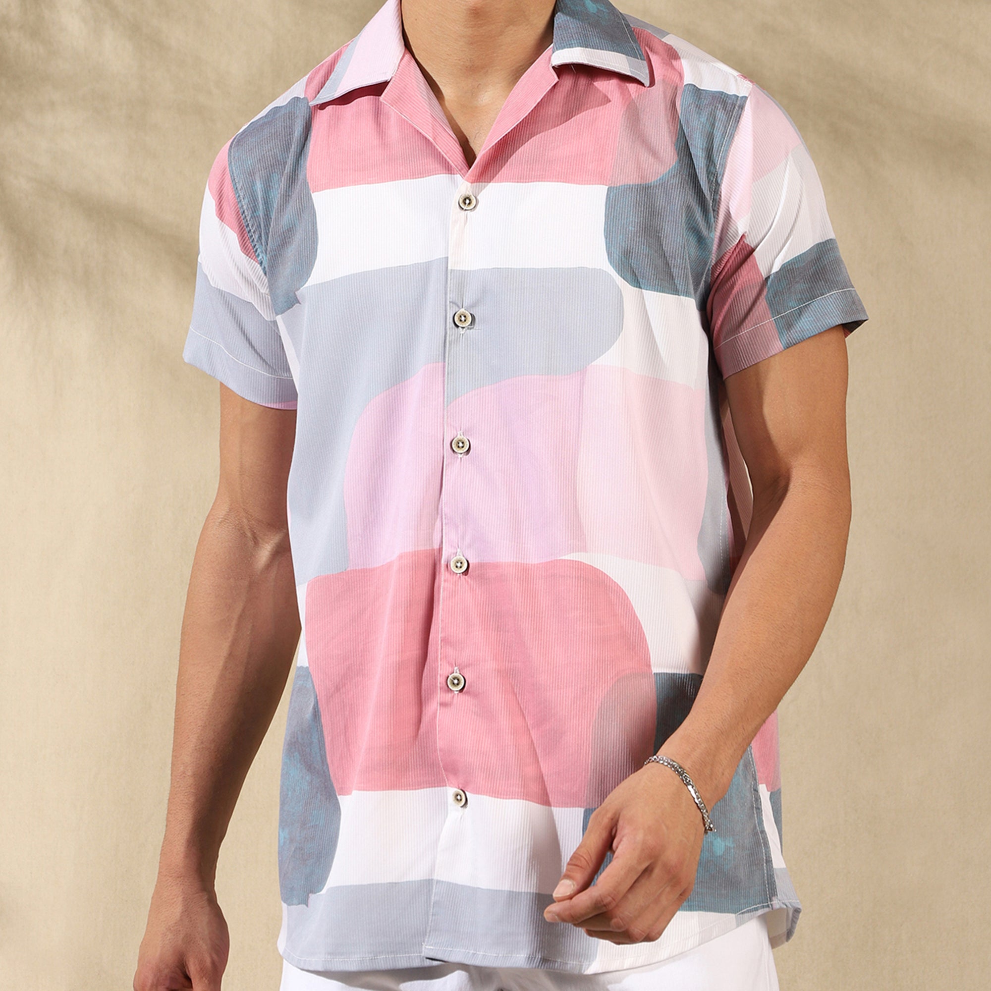 PEACH PINK HALF CASUAL PRINTED COTTON SHIRT REGULAR FIT FOR MEN