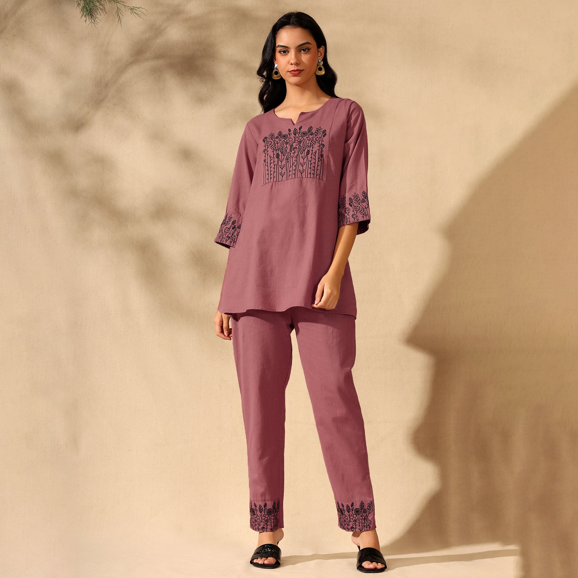 BOTANICAL EMBROIDERED COTTON CORD SET FOR WOMEN | KURTI AND PANTS COORDINATED SET | PINK