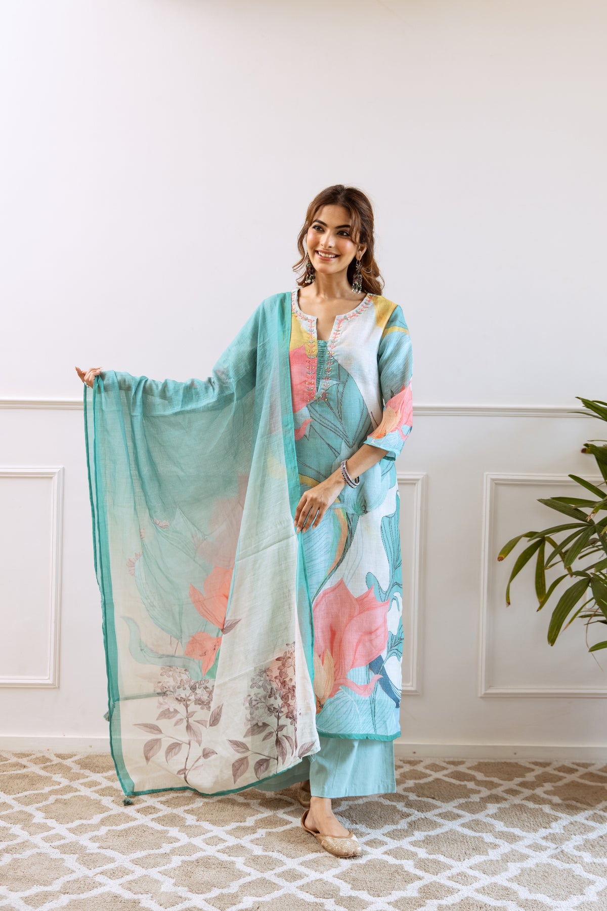 FLORAL PRINTED LINEN STRAIGHT KURTA SET WITH DUPATTA | THREE-PIECE ETHNIC WEAR FOR WOMEN | PLUS SIZE AVAILABLE-Multicolor