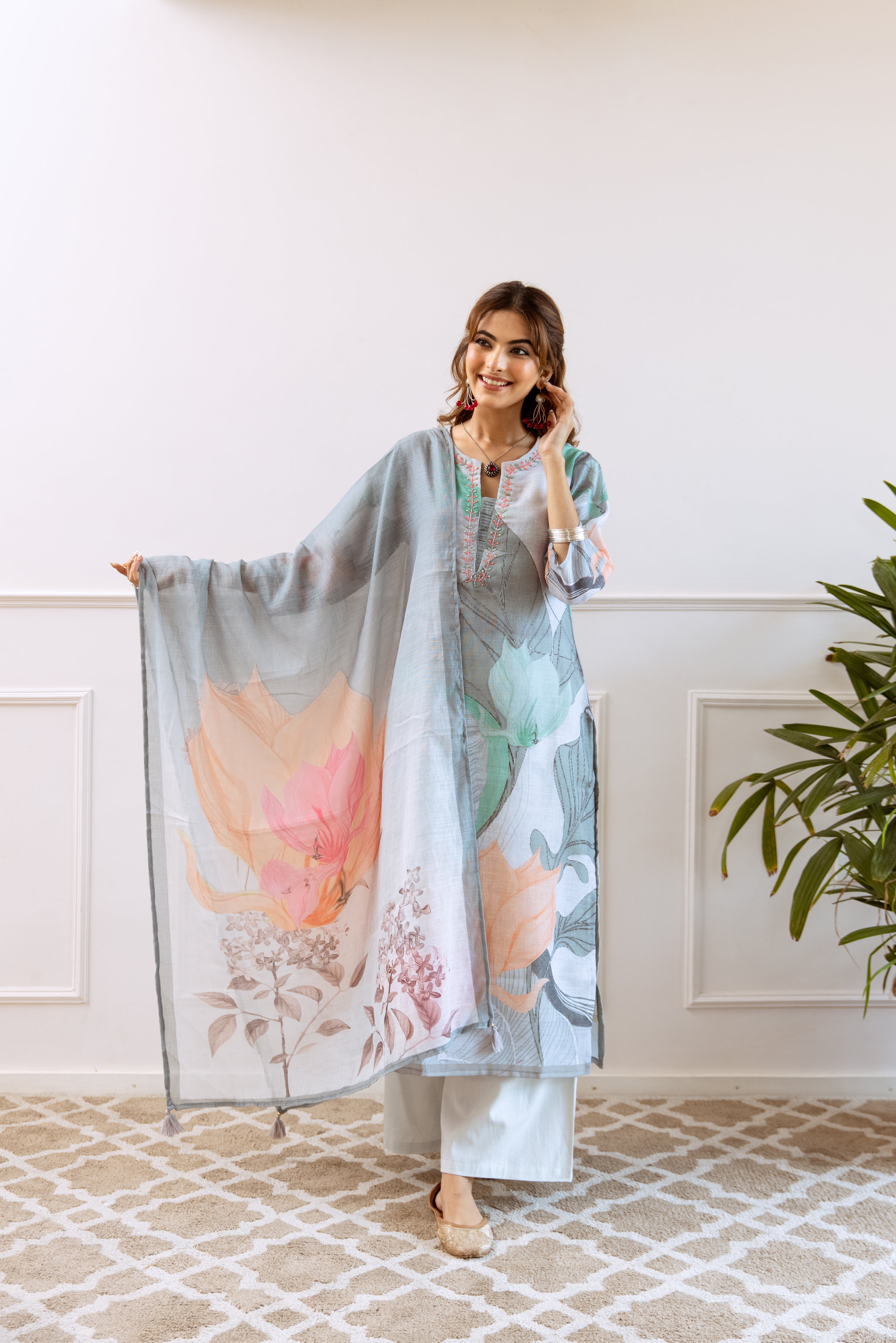 FLORAL PRINTED LINEN STRAIGHT KURTA SET WITH DUPATTA | THREE-PIECE ETHNIC WEAR FOR WOMEN | PLUS SIZE AVAILABLE-Grey Green