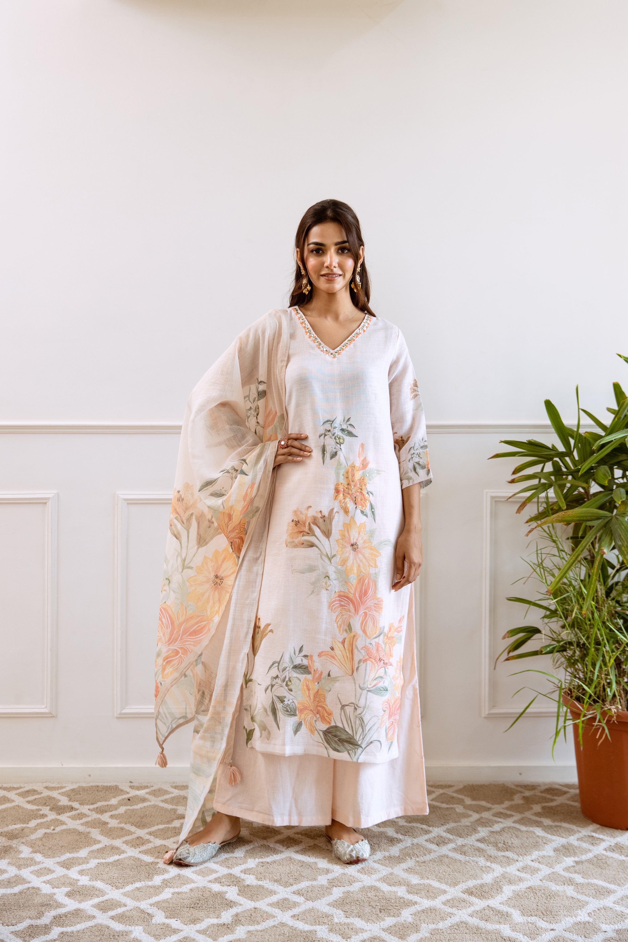 FLORAL PRINTED LINEN STRAIGHT KURTA SET WITH DUPATTA | THREE-PIECE ETHNIC WEAR FOR WOMEN | PLUS SIZE AVAILABLE-Cream