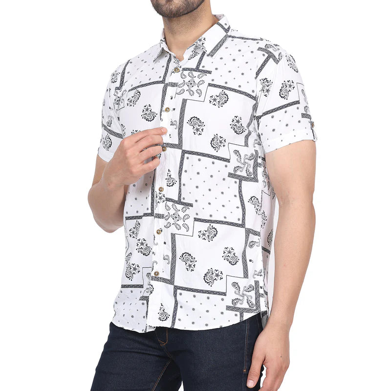 Men's Regular Fit Half Sleeve Printed Shirt-White