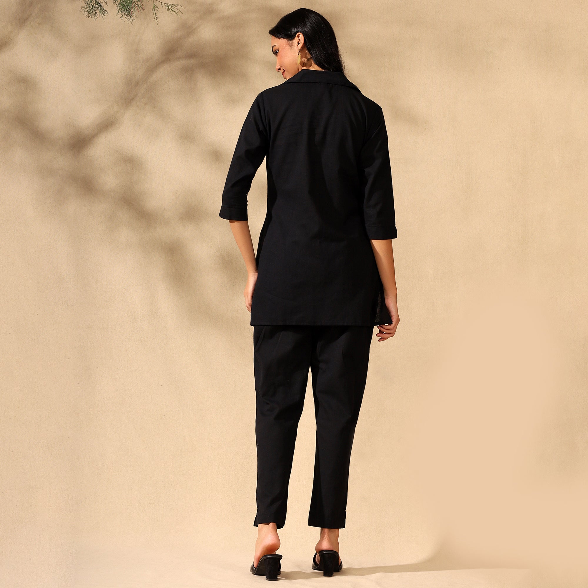 FLORAL EMBROIDERED COTTON CORD SET FOR WOMEN | SHIRT-PANT FUSION WEAR | BLACK