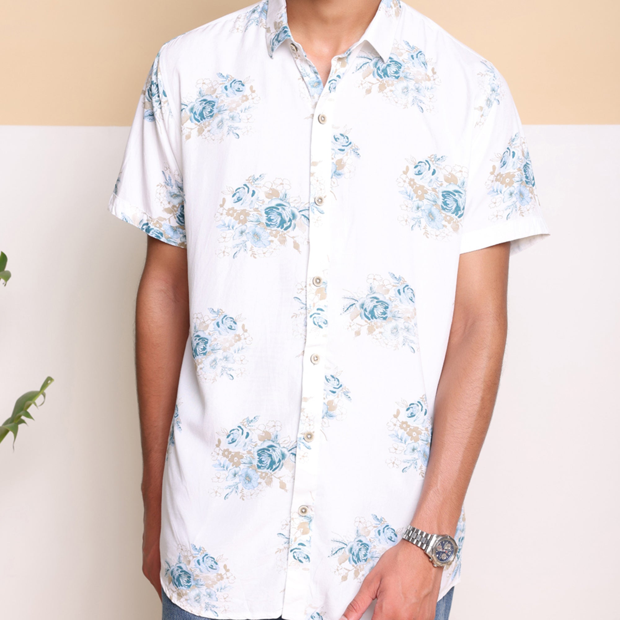 Blue Half Casual Printed Cotton Shirt Regular Fit For Man